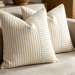 Khaki and Beige Color-Blocked Cotton-Linen Cushion Covers (Set of 2)