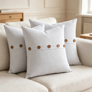 Solid-Color Cotton-Linen Cushion Cover with Wooden Button Detail (Set of 2)