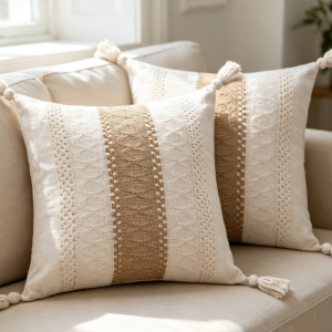 Striped Jacquard Cotton-Linen Cushion Cover – Tan (Set of 2)