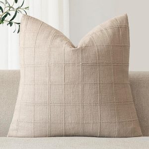 Bohemian-Style Cotton-Linen Solid Checkered Cushion Covers – Natural Tone (Set of 2)